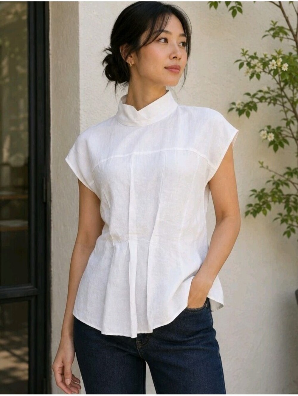 Zara Women’s Sz S Ivory Linen Top High Neck Cap Sleeve Fitted Pleated Blouse #CC